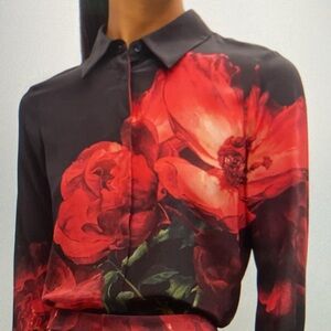 Floral Silk Slim Button-Front Shirt | Size Small